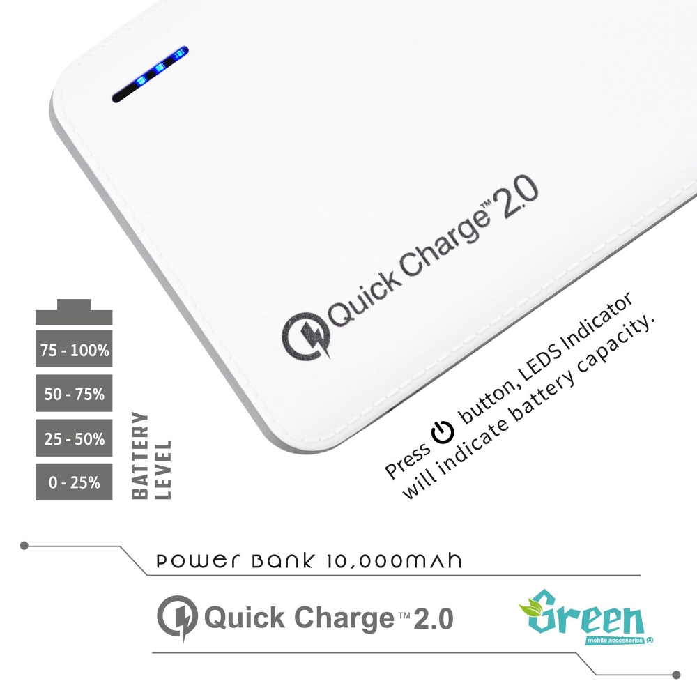 Green | Quick Charge 2.0 10,000mAh 2 USB Port | Power Bank GR-PBQC100