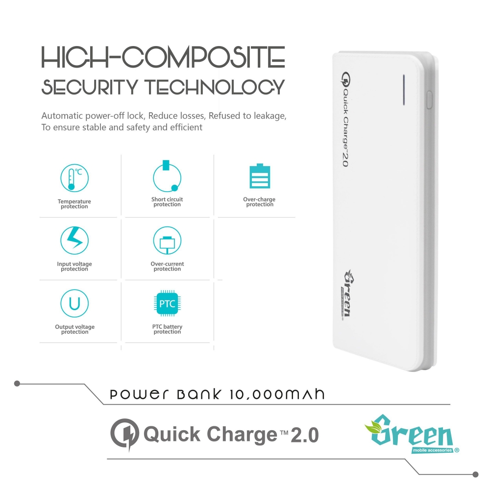 Green | Quick Charge 2.0 10,000mAh 2 USB Port | Power Bank GR-PBQC100
