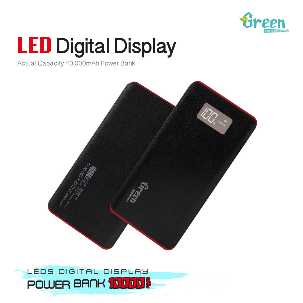 Green | Digital Display 10,000mAh 2 USB Port | Power Bank GR-PBD100