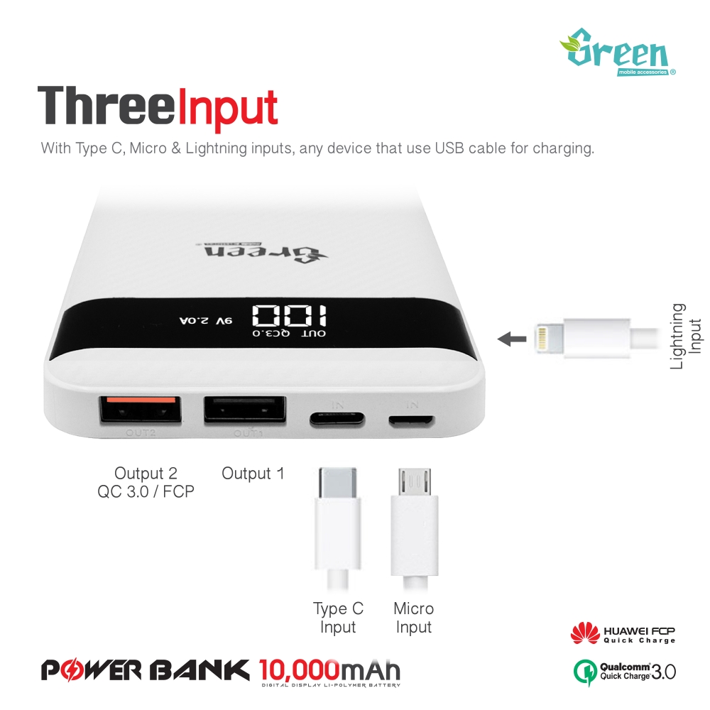 Green | Quick Charge 3.0 10,000mAh 2 USB Port | Power Bank GR-PBQC200