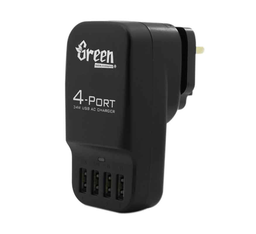 Green | 34W 4 Port USB 6.8A | Exchangeable AC Plugs Travel Charger GR-PA-4U