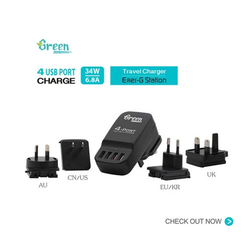 Green | 34W 4 Port USB 6.8A | Exchangeable AC Plugs Travel Charger GR-PA-4U