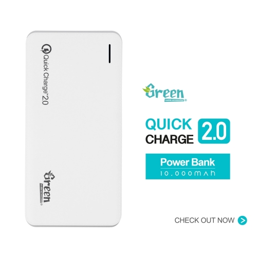 Green | Quick Charge 2.0 10,000mAh 2 USB Port | Power Bank GR-PBQC100