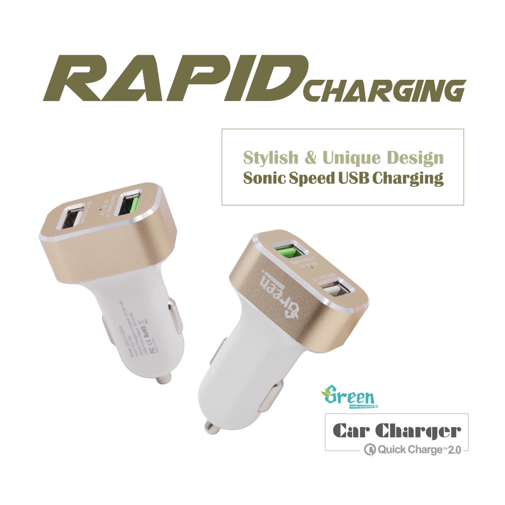 Green | Quick Charge 2.0 30W 2 USB Port | Car Charger (White) GR-CC-QC20