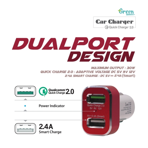 Green | Quick Charge 2.0 30W 2 USB Port | Car Charger (White) GR-CC-QC20