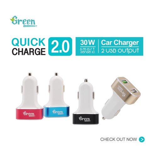 Green | Quick Charge 2.0 30W 2 USB Port | Car Charger (White) GR-CC-QC20