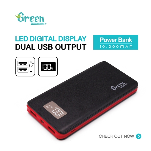 Green | Digital Display 10,000mAh 2 USB Port | Power Bank GR-PBD100