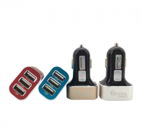 Green | 25.5W 3 USB Port 5.1A | Car Charger (Black) GR-CC-510