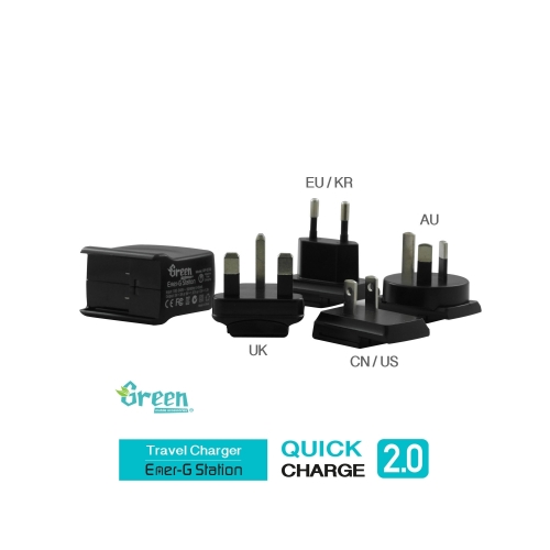 Green | Quick Charge 2.0 | Exchangeable AC Plugs Travel Charger GR-QC30