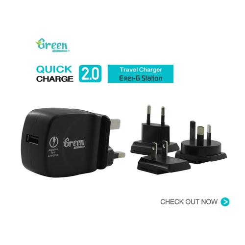 Green | Quick Charge 2.0 | Exchangeable AC Plugs Travel Charger GR-QC30