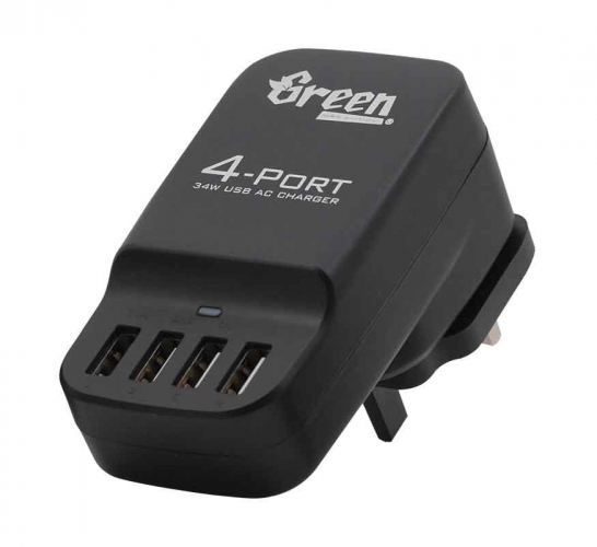 Green | 34W 4 Port USB 6.8A | Exchangeable AC Plugs Travel Charger GR-PA-4U